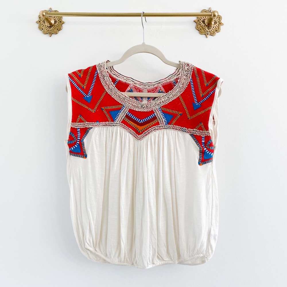 Free People Boho Red Embroidered Cinched Bubble Top